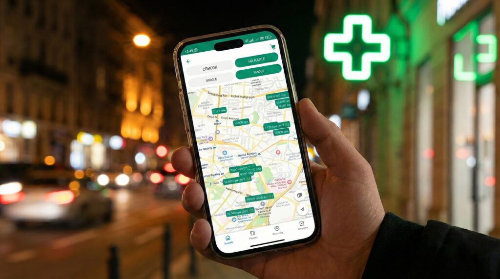 Поиск круглосуточных аптек в приложении ArzonApteka